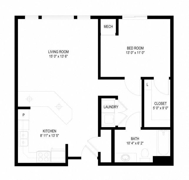 Floor plan for 1 bed, 1 bath, 754 sqft